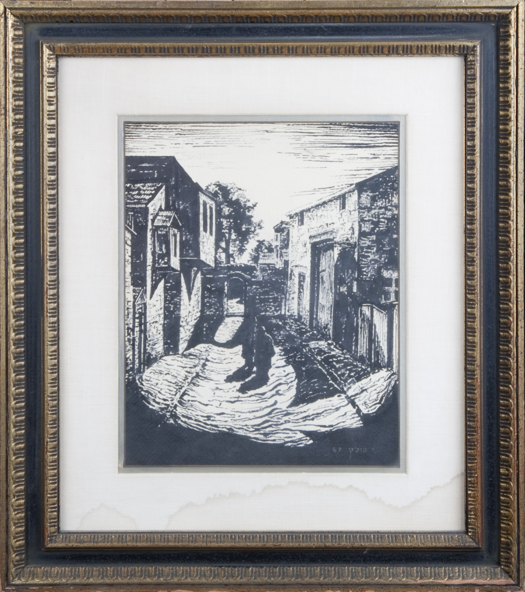 160 Street in Jerusalem 1947 - Woodcut - 9 x 11 - Frame: 16 x 18.25 x 1
