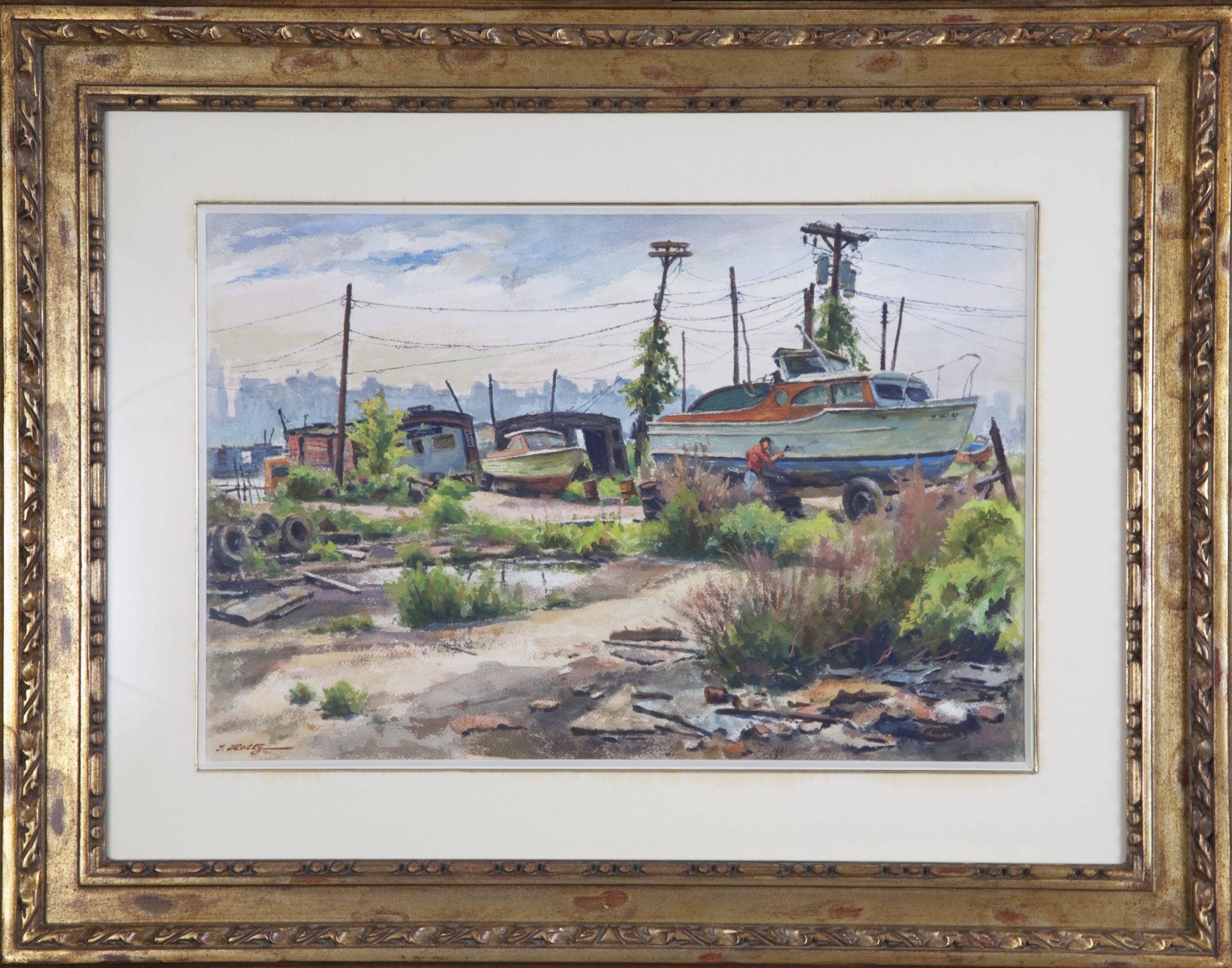 182 In Dry Dock 1975 - Watercolor - 22 x 15 - Frame: 33 x 25.75 x 1.5