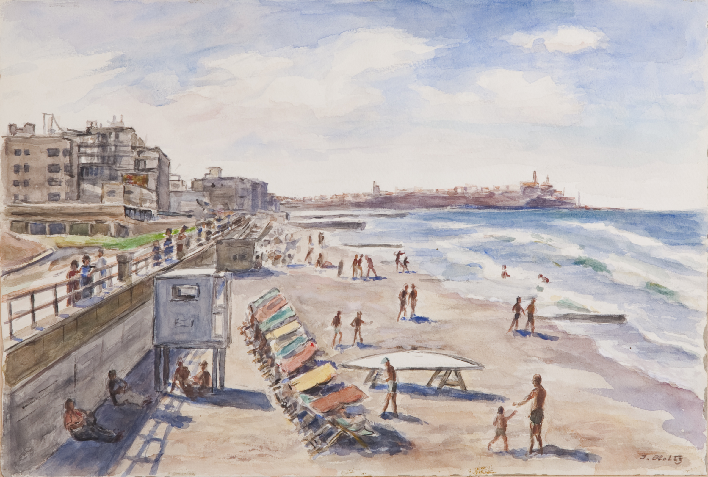 219 Tel-Aviv Beach 1959 - Watercolor - 18 x 12 - No Frame