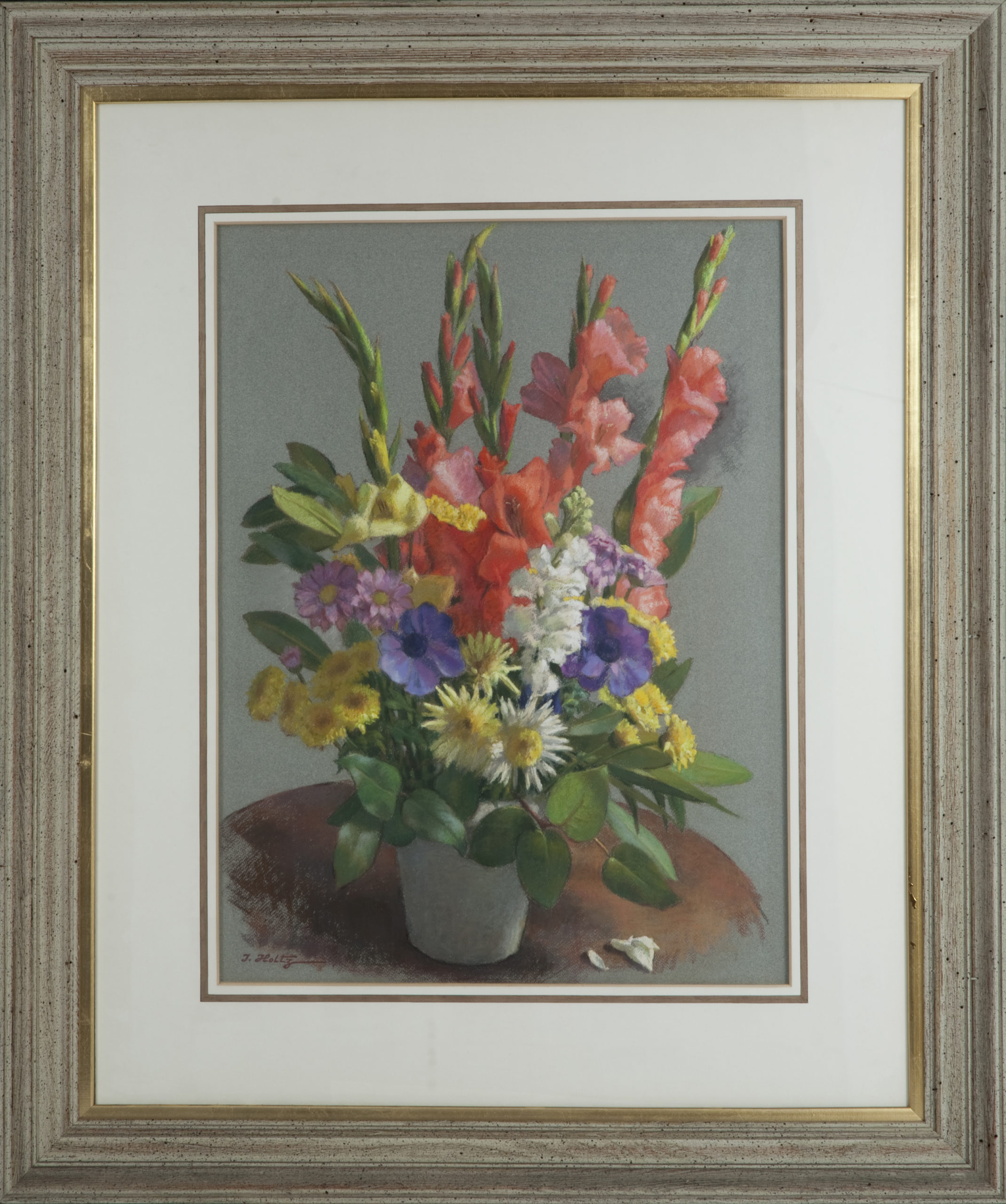 251 Still Life with Red and Yellow Gladiolas 1963 - Pastel - 19 x 25 - Frame: 33 x 39.25 x 1.75