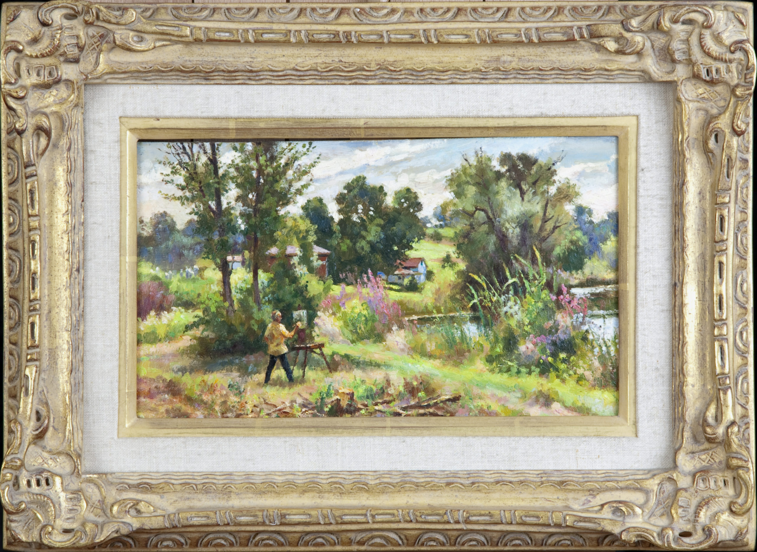 058 Painting at the lakeside 1981 - Oil on Masonite - 12 x 7 - Frame: 18.25 x 13.5 x 3
