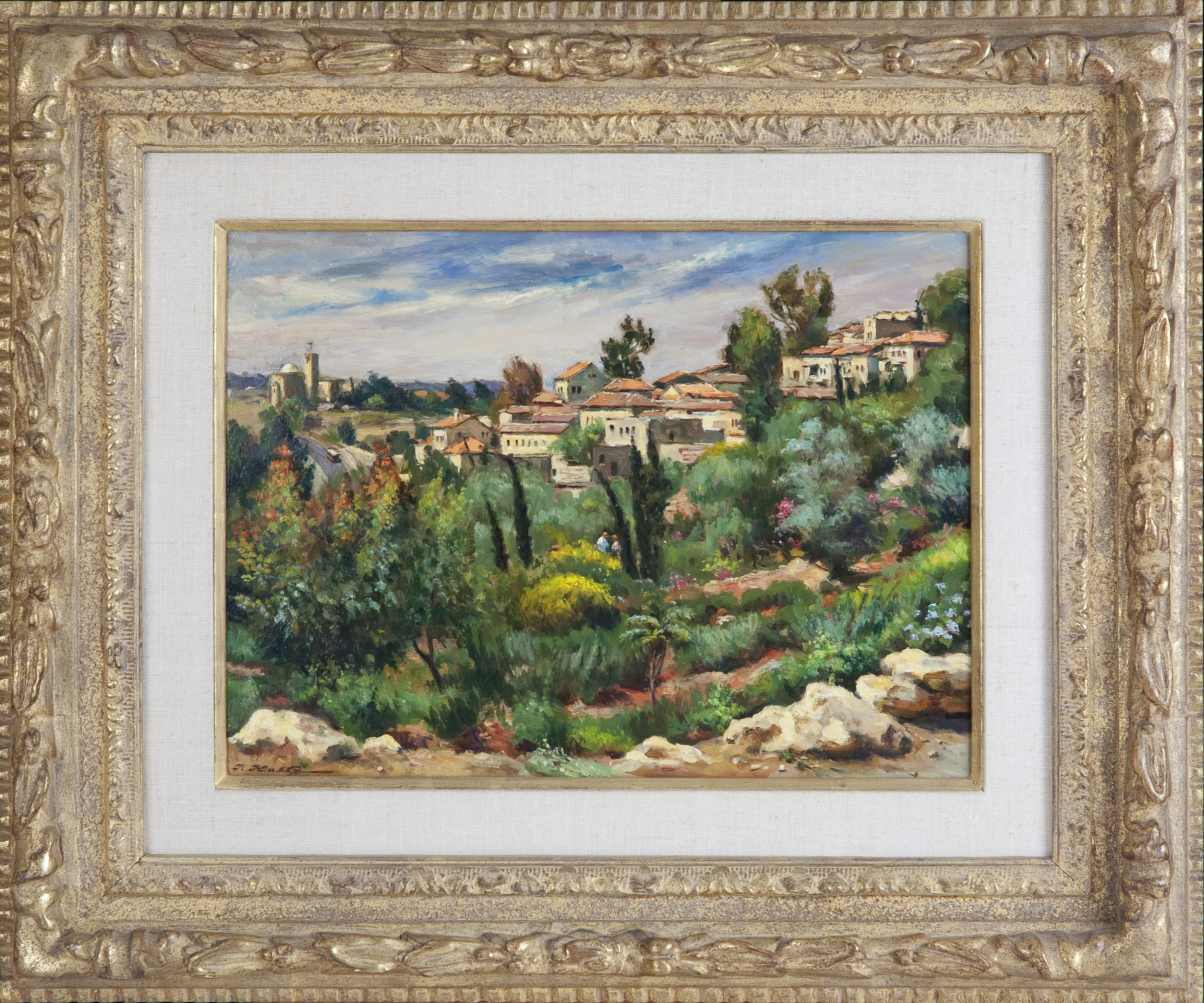 067 Jerusalem church in background bus going up road 1977 - Oil on Masonite - 16 x 12 - Frame: 25.5 x 21.5 x 2.5